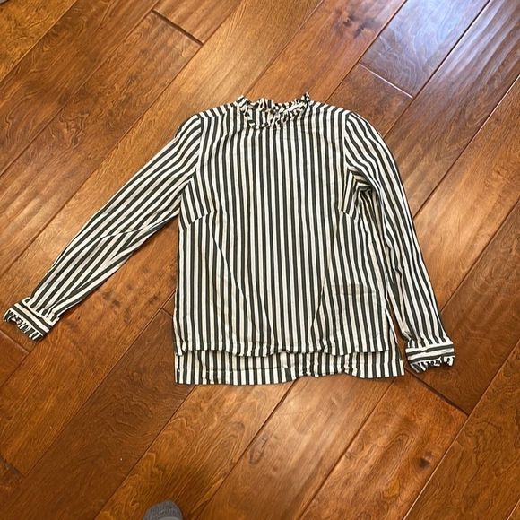 H&M Tops - H&M Ruffle Trim Olive Green and White Striped Blouse